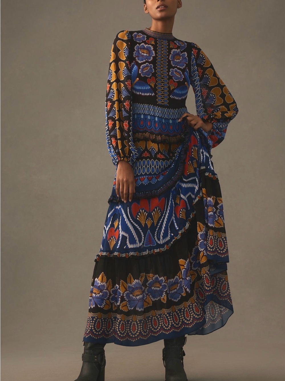 FARM Rio Blue, Black and Gold Floral Maxi Dress